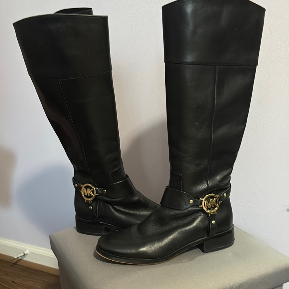 Black Leather Riding Boots with Gold MK Detail